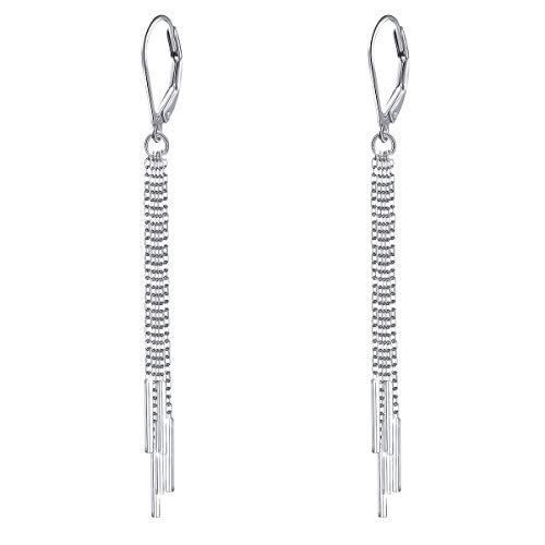 S925 Sterling Silver Vertical Tassel Line Bar Long Chain Drop Dangle Earrings Gift for Women