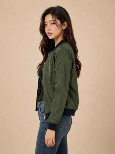 Image of Women's Bomber Jacket | Lightweight Zip-Up Casual Jacket | Full Sleeve Ribbed Collar Solid Jacket with Pockets | Stylish Outdoor Windcheater