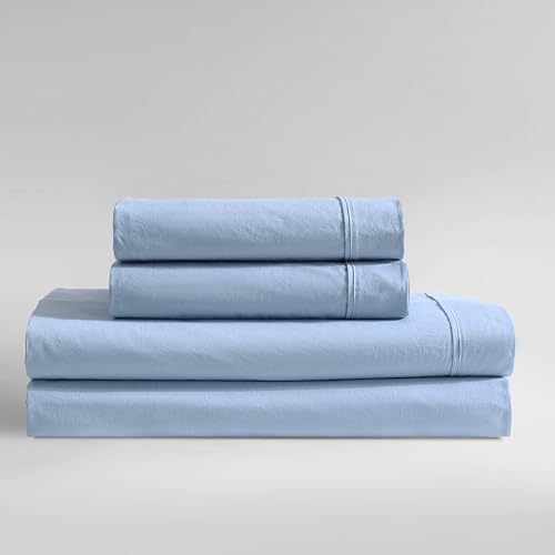 Calvin Klein - Full Bed Sheets, Relaxed Garment Washed Cotton Percale Bedding Set with Matching Pillowcases, Deep Pockets, Oeko-TEX Certified (Washed Percale Blue, Full)