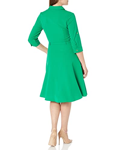 Image of Sharagano Women's Pleated Shirt Dress - 3 /4 Sleeve, V-Neck, Gold Buttons