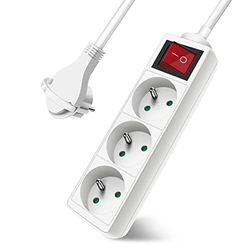 Extrastar Multiprise 3 Prises avec Interrupteur Fiche Plate, Bloc 3 Prises, Rallonge 3m 230 V avec sécurité Enfant, Blanc
