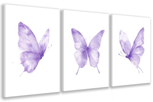 Image of GELDSTEI Watercolor Butterfly Canvas Wall Art, Whimsical Purple Animal Picture Wall Decor, Minimalist Butterfly Art Prints, Cute Animal Poster Prints for Nursery Girl Room Framed Set of 3, Each 12x16 Inch