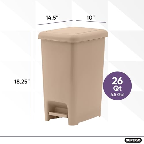 Superio Slim Step On Trash Can 6.5 Gallon, Beige Waste Bin with Foot Pedal Lid 26 Liter, Kitchen, Under Desk, Office, Bedroom, Bathroom miniatura 3
