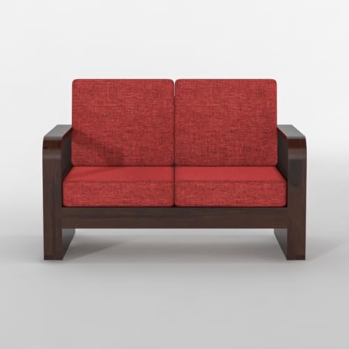 Image of Solid Sheesham Wooden 2 Seater Sofa for Living Room | Sofa with Side Pocket Storage & Cushion | Rosewood Sofa Set for Home (Walnut with Red Cushion, 2 Seater)