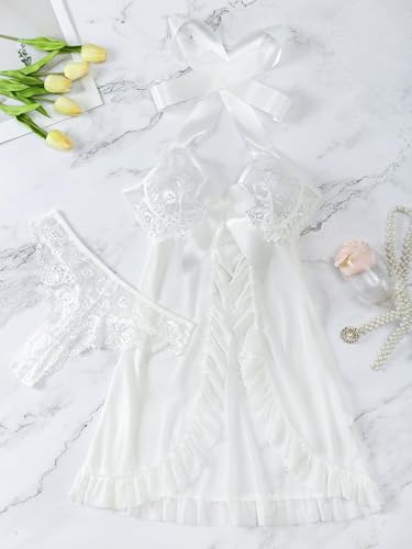 Image of Foxiny Sexy Halter Open Front Ruffle Sheer Mesh Lace Babydoll Lingerie Dress with Thong 2 Piece