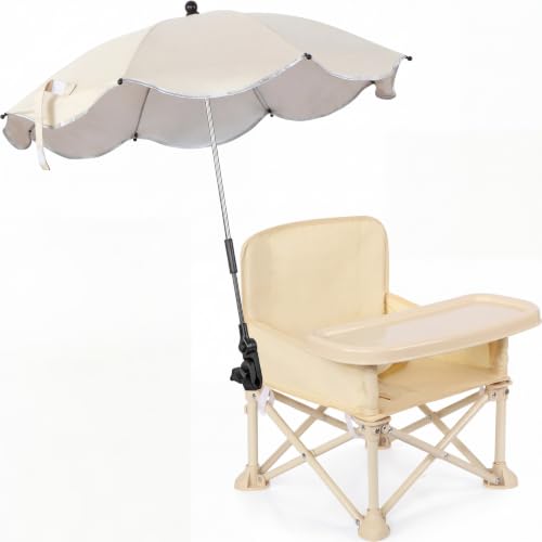 Mifoci Baby Outdoor Beach Chair with Umbrella Kids Travel Folding Seat with Tray Compact Portable Chair with Storage Bag Backrest Pocket for Dining Table Camping Light Brown