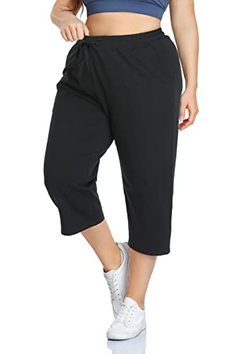 ZERDOCEAN Women's Plus Size Active Yoga Sweatpants Cotton Jersey Capris Athletic Crop Pants with Pockets Drawstring3
