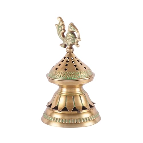 Skywalk Handcrafted Brass Loban Dhoop Dani with Peacock Incense Dhoop Burner for Home Office Temple Prayer Pbs-Ld-40 Standard Gold