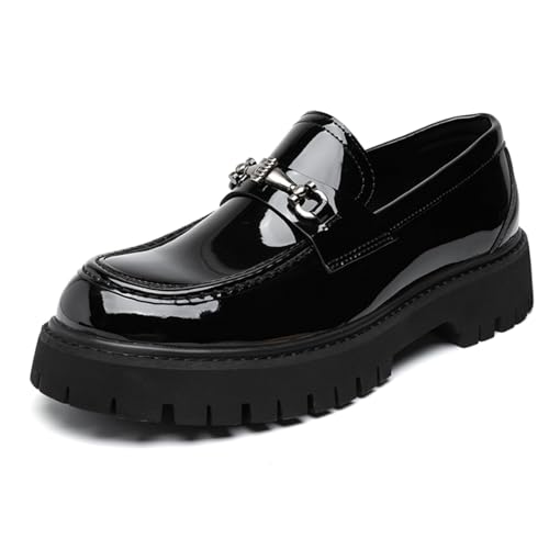 Mens Patent Leather Slip-On Platform Dress Horsebit Loafer Low Heels Round Toe Non-Slip Penny Shoes for Formal Business Wedding