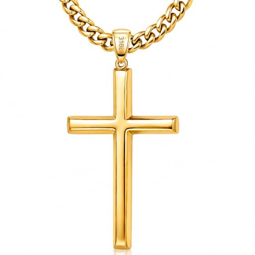 Ringcal Cross Necklace for Men with Gift Box Silver Gold Stainless Steel Cross Pendant Necklace Mens Crucifix Chain Necklace (Gold 24inch)