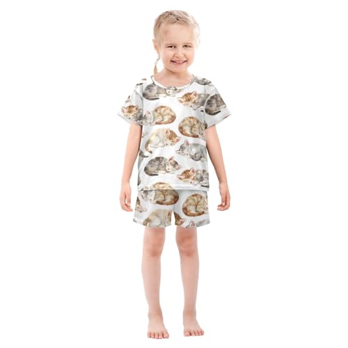 ALAZA Cat Kitten Sleep Pajamas Set Short Sleeve Cotton Sleepwear Summer Pjs 2 Piece 5-14Y3