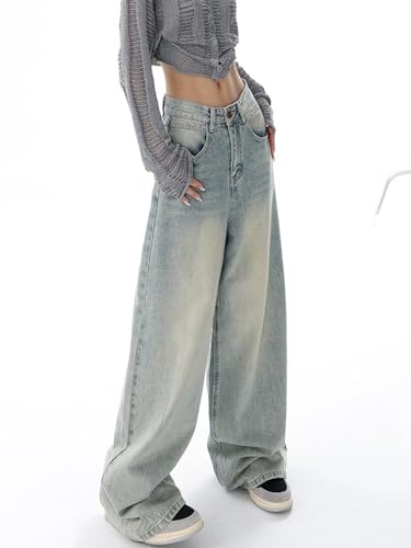 ebossy Womens Y2K Wide Leg Jeans Vintage High Waisted Boyfriend Washed Baggy Denim Pants Trendy Grunge Clothes4