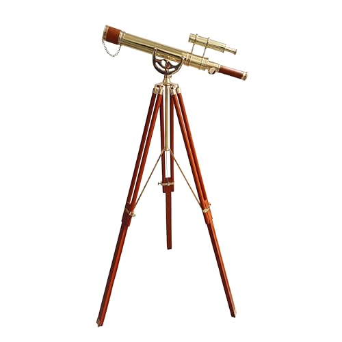 Vintage Maritime Anchor Master Telescope Shiny Brass Adjustable Wooden Tripod Royal Educational Telescopes Double Barrel Brown Leather Nautical Home Decor & Office