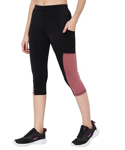 Image of Mehrang High-Waisted Capri Leggings with Side Pocket - Black & Contrast Color Block Activewear for Gym, Yoga, and Everyday Comfort for Women