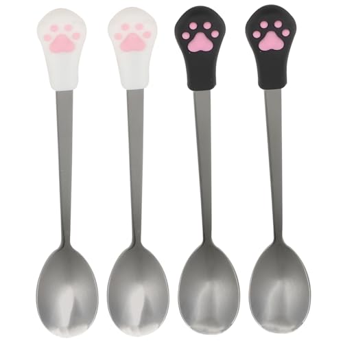 FRCOLOR 4個 ステンレス猫缶スプーン点 シリコンハンドル付き 耐熱洗浄可能 滑らか表面で清潔 犬猫用ペットフード用