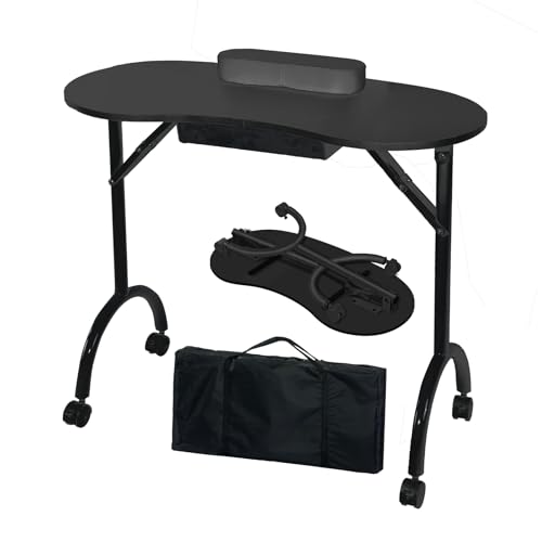 LOVEVLOGY Protable Nail Desk with Drawer Foldable Manicure Table with Carry Bag for Professional Beauty Nail Salon Mobile Folding Nail Technician Workstation Black