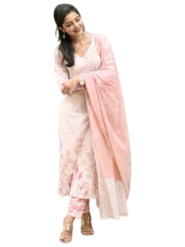 Image of ANNI DESIGNER Women's Rayon Viscose Straight Printed Kurta with Pant and Dupatta | Elegant Floral Print Kurti Set | Soft Breathable Fabric | Stylish Ethnic Outfit for Office, Festive & Casual Occasion
