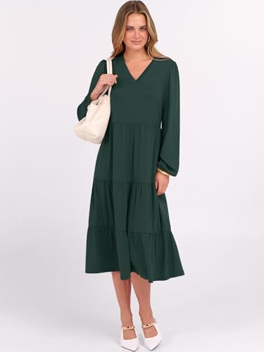 Image of ANRABESS Women's Long Lantern Sleeve Floral Midi Dresses 2026 Fall V Neck Casual Flowy A-line Tiered Boho Vacation Dress