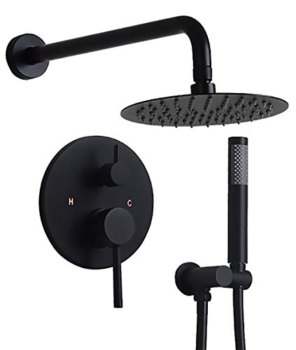 Homary Luxury 2-Function 8" Rain Shower System Wall Mounted Shower Combo Set High-Pressure Round Shower Head Hand Shower Set Solid Brass, Matte Black with Rough-in Valve and Trim