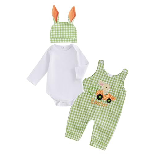 BeQeuewll Newborn Baby Boy Easter Outfit Infant Romper+Plaid Bunny Overalls Jumpsuit+Rabbit Hat 3Pcs First Easter Outfit Boy (Green 3-6 Months)