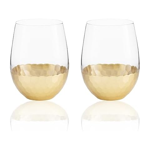 Burns Glass Stemless Wine Glasses, Set of 2, 18 Oz, Gold Honeycomb Design Cover