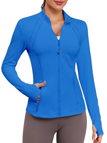 VUTRU Women Athletic Jacket Fitted Workout Running Zip Up Track Coat Layer with Thumb Holes Pockets for Yoga Gym Travel, Blue, Medium