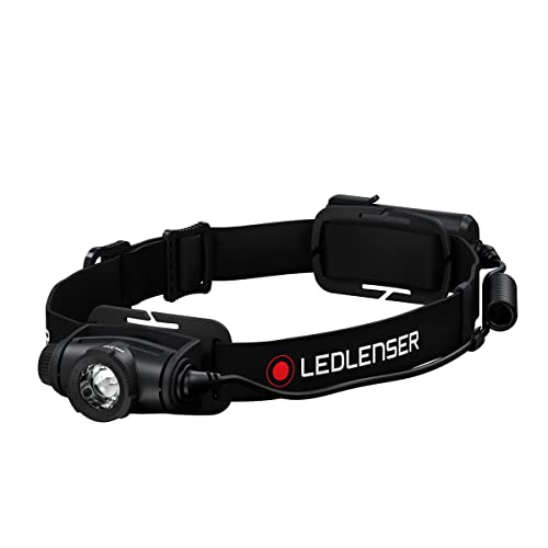 Ledlenser Linterna frontal LED H5 Core, 350 lúmenes, impermeable IP67, enfocable, giratoria, regulación gradual, funcionamiento con 2 pilas AA, haz de luz de 160m, incluye pilas, Headlamp