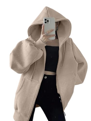 Chic Apricot Womens Casual Coat: Loose Fit, Hooded Zip-Up for Effortless Style in X-Small