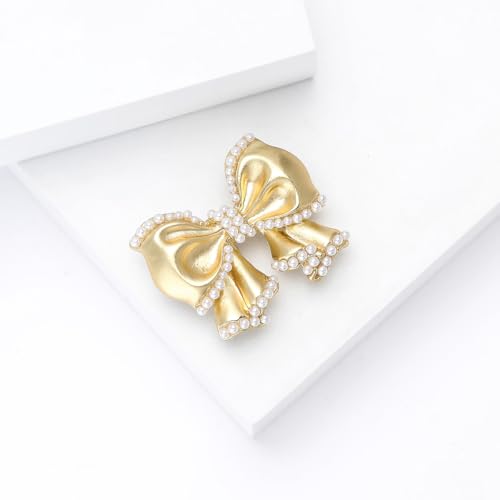 Image of Cute Pearl Bow Knot Lapel Brooch Pin for Women Girls 14K Gold Plated Ribbon Bowknot Brooches Pins Elegant for Sweater Hat Dresses Suit Badges Clothes Accessories Jewelry