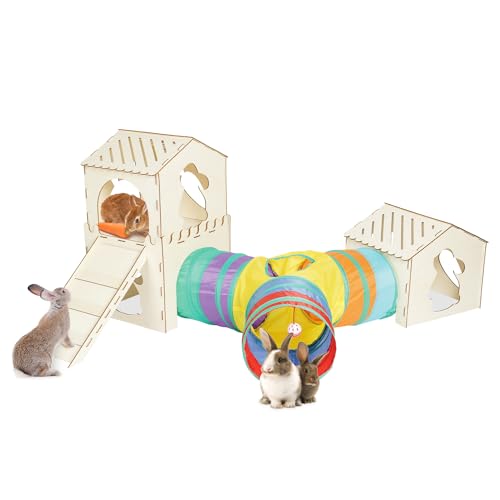 UNMOONY Extra Large Sturdy Rabbit Hideout with 3 Way Tunnels, Wooden Bunny Castle with Stairs, Rabbit Hideout Castle Tower Toys for Indoor Outdoor Play