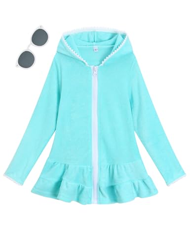 Image of Girls Swim Cover Up Kids Long Sleeve Swimsuit Coverup Terry Beach Pool Clothes with Sunglasses