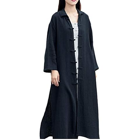 LZJN Chaqueta larga abierta de algodón lino negro Cover