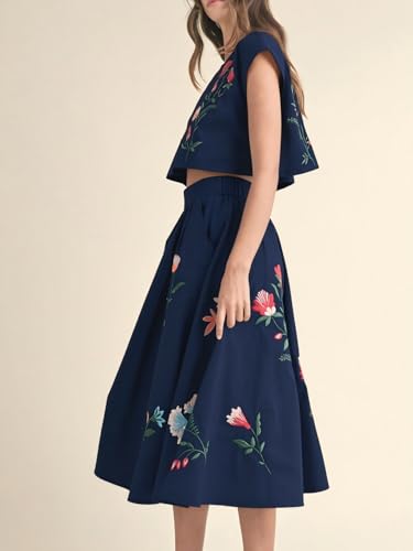 Image of Women Floral Embroidery Dress Sleeveless 2 Piece Tank Top and Skirt Loose Fit Boho Dress