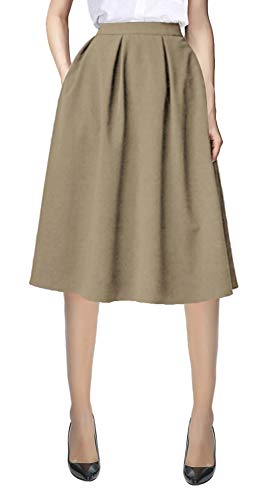 Urban CoCo Women's Flared A line Pocket Skirt High Waist Pleated Midi Skirt (M, Khaki)