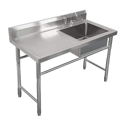 HOFMSX Fregadero de Acero Inoxidable para Uso General con Banco de Trabajo y Grifo de Agua fría y Caliente, Protector contra Salpicaduras Comercial, para Restaurante, lavadero, Patio Tras