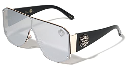 Kleo Relic - Rimless Flat Top Studded Shield Side Coin Lion Head Medallion Hip Hop Sunglasses