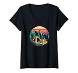 Damen Camping Zelt Bäume Berge T-Shirt mit V-Ausschnitt