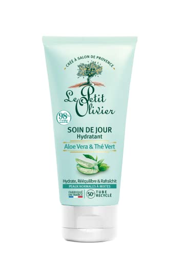 LE PETIT OLIVIER - Soin De Jour - Hydratant - Aloe Vera & Thé Vert - Peaux Normales à Mixtes - 98% D'Origine Naturelle - Sans Silicone - Fabriqué en France - 50 ml