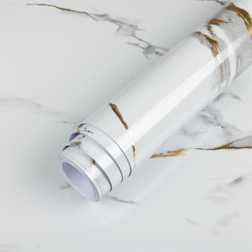 Abyssaly Marble Contact Paper for Countertops, Thicken Gold Grey White Marble Peel and Stick Wallpaper, Waterproof Removable Self Adhesive Vinyl Wrap for Kitchen Bathroom Cabinets 15.7"×118"