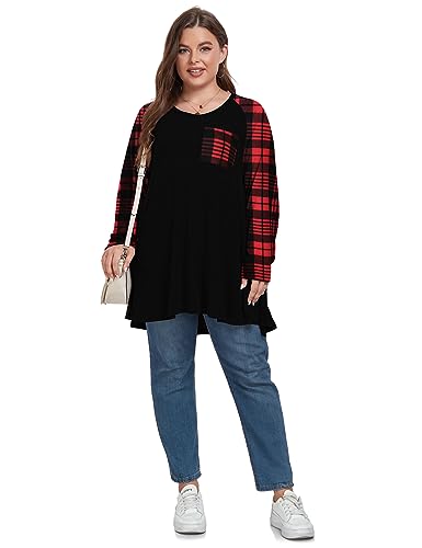 OVERWORETY Long Sleeve Raglan Plus Size Tunic Tops for Women Color Block Knit Pullover Fall Shirts with Pockets4