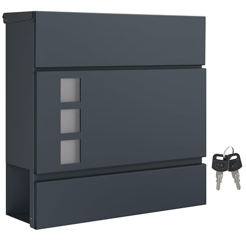 SONGMICS XXL Briefkasten, Postkasten mit Zeitungsfach, 10,5 x 37 x 37 cm, Aufkleber gegen unerwünschte Werbung, Sichtfenster, abschließbar, 2 Schlüssel, modern, einfache Montage, anthrazit GMB052G01