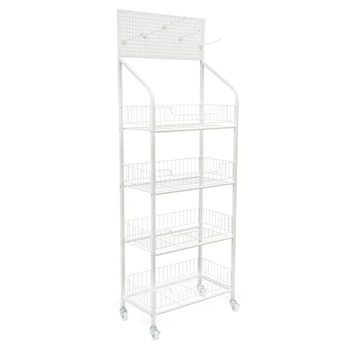 4 Tier Retail Snack Display Rack, Candy Display Shelf Cart with Wheels & 5 Hooks, Heavy Duty Metal Wire Storage Shelves, Snack Organizer Holder Stand for Convenience Stores Home Dining Room