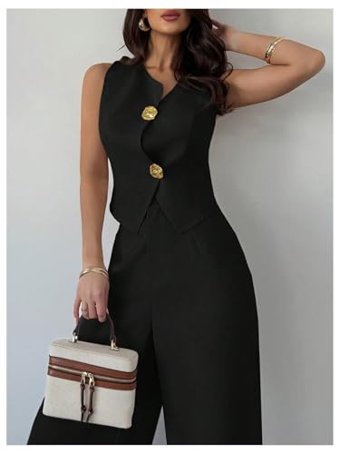 WDIRARA Women's 2 Piece Outfits Button Blazer Vest Wide Leg Pants Set Business Outfits4