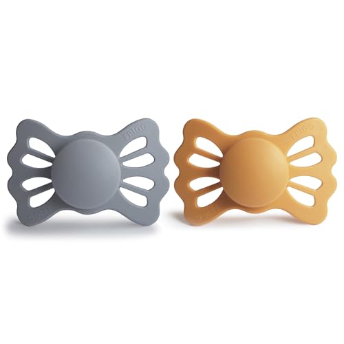 Image of FRIGG Lucky Symmetrical SilkySoft Silicone Baby Pacifier | Made in Denmark | BPA-Free (Great Gray /Honey Gold, 6-18 Months)