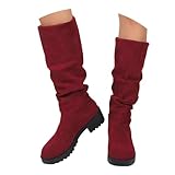 Botas altas hasta la rodilla de ante para mujer, de invierno, a la moda, color sólido, fruncidas, pantorrilla ancha, puntera redonda, cómodas, antideslizantes, casuales, cómodas, de tacón grueso, vino