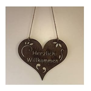 Radami Edelrost Herz – Willkommen – Schild Gartenstecker Metall Gartenfigur, Metall Figur Gartendekoration schwere Ausführung (Willkommen hängend 26cm)
