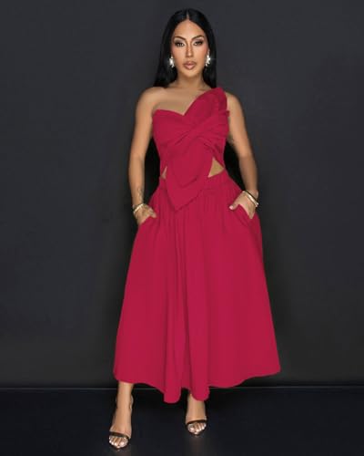 Image of YUEWOO Midi Dresses for Women Casual Summer Sundresses Vacation Outfits Spaghetti Strap Smocked Women Maxi Dress with Pockets