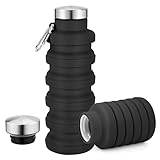 Sitanflex Collapsible Water Bottles 17oz, Portable Leak-Proof Travel Water Bottle, Reuseable BPA Free Silicone Foldable Water Bottle with Carabiner for Gym, Traveling, Camping, Hiking, Sports-Black