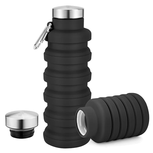 Sitanflex Collapsible Water Bottles 17oz, Portable Leak-Proof Travel Water Bottle, Reuseable BPA Free Silicone Foldable Water Bottle with Carabiner for Gym, Traveling, Camping, Hiking, Sports-Black