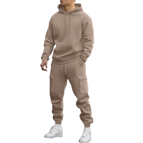 Men's Track Suit Solid 2 Piece Set Basic Casual Pullover Sweat Suit 2 Piece Sets ,long Sleeve Hoodies & Elastic Waist Joggers Sweat Set Cargo Pocket Winter Loungewear Clothing Set for Men Sport Camel